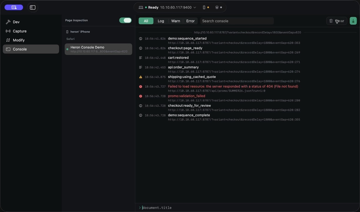 Heron's Console space showing a real Safari page on an iPhone: live info, log, warning and error entries with source locations and a failed request.