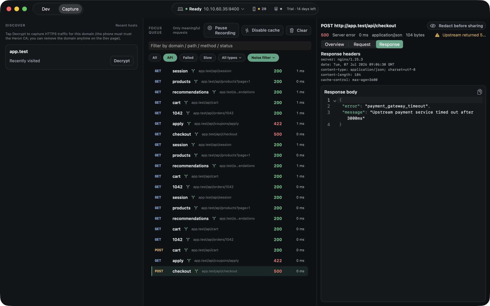 Heron's Capture view on macOS: a live request list from an iPhone with colored status codes, and a failing POST /api/checkout opened to its JSON response body.